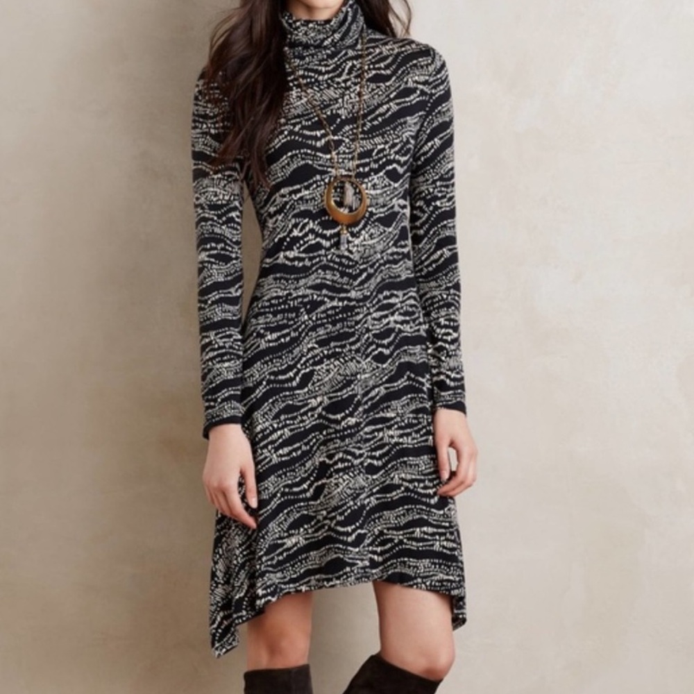 Black and White Patterned Turtleneck Dress
